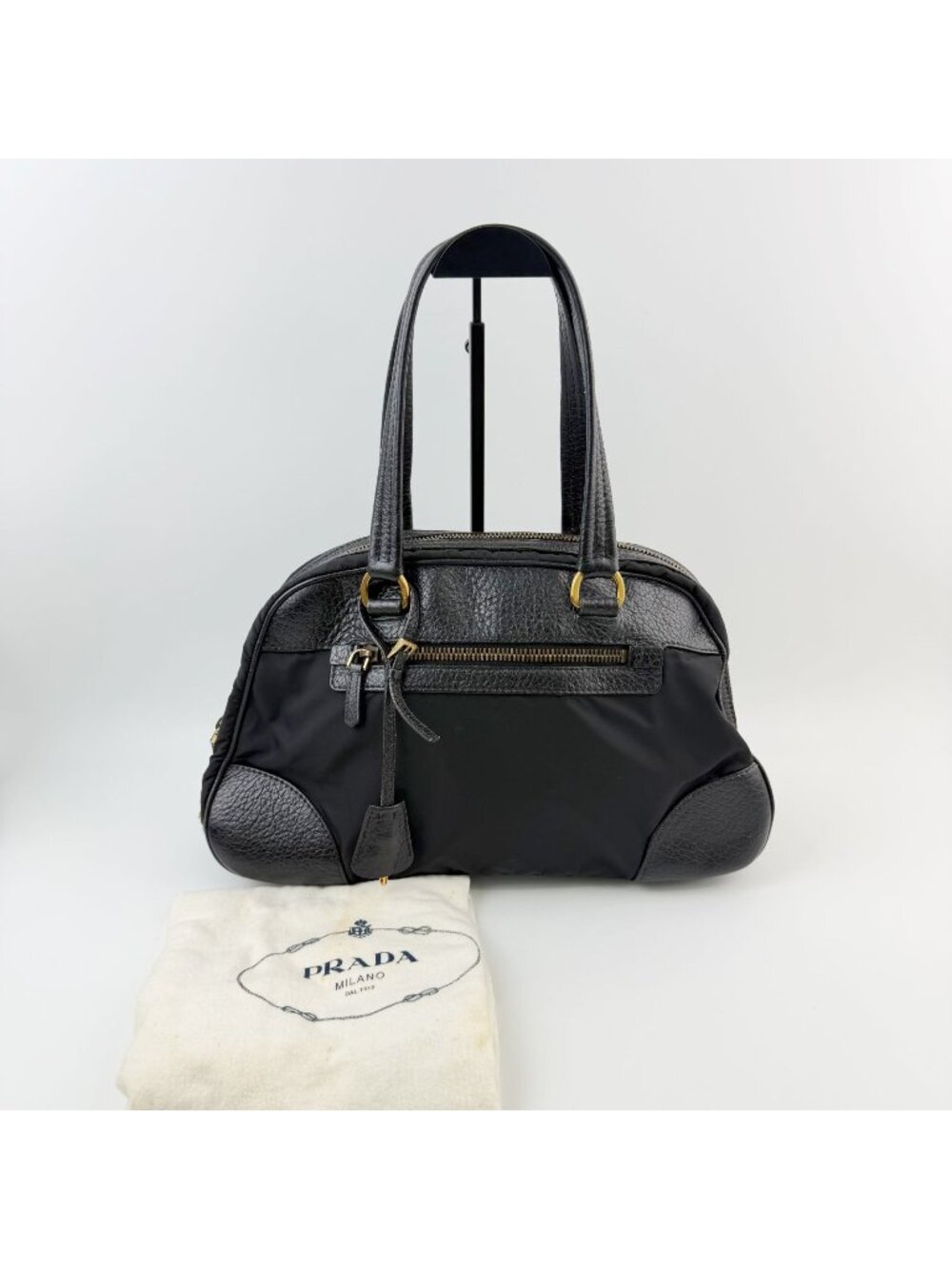 Prada Bowling Triangle Logo Leather Trim Shoulder Bag Nylon Black Gold Vintage